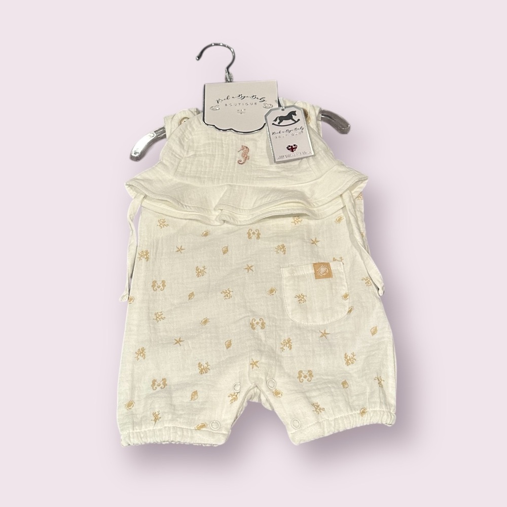 NWT Rock A Bye Baby Boutique White And Tan Beach Seahorse Romper W/Hat 3-6 Mon